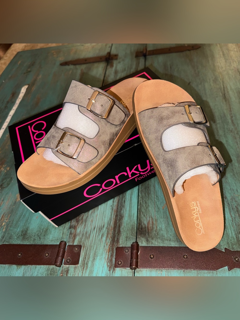 Corkys Women’s Bronze Let’s be Real Double-Buckle Slide Sandals Size 8